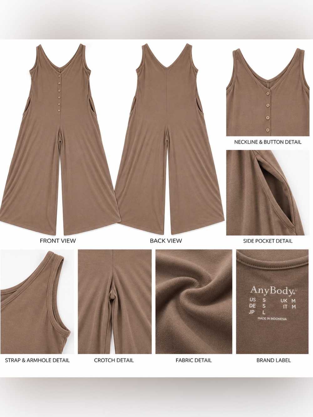 AnyBody Brown V-Neck Wide-Leg Button Jumpsuit